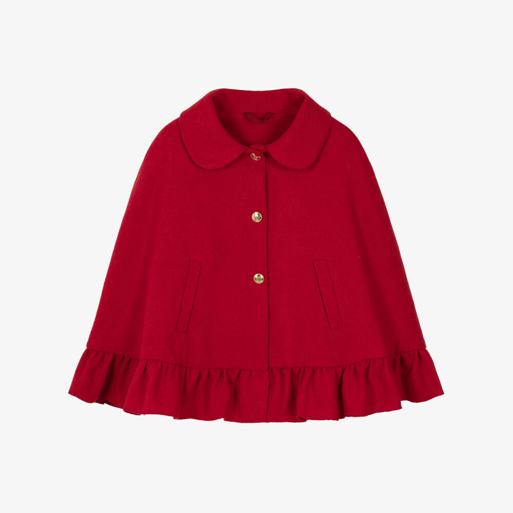 Lapin House-Girls Red Ruffle Cape with Gold Crest Button  | Childrensalon