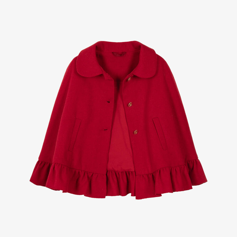 Lapin House-Girls Red Ruffle Cape with Gold Crest Button | Childrensalon