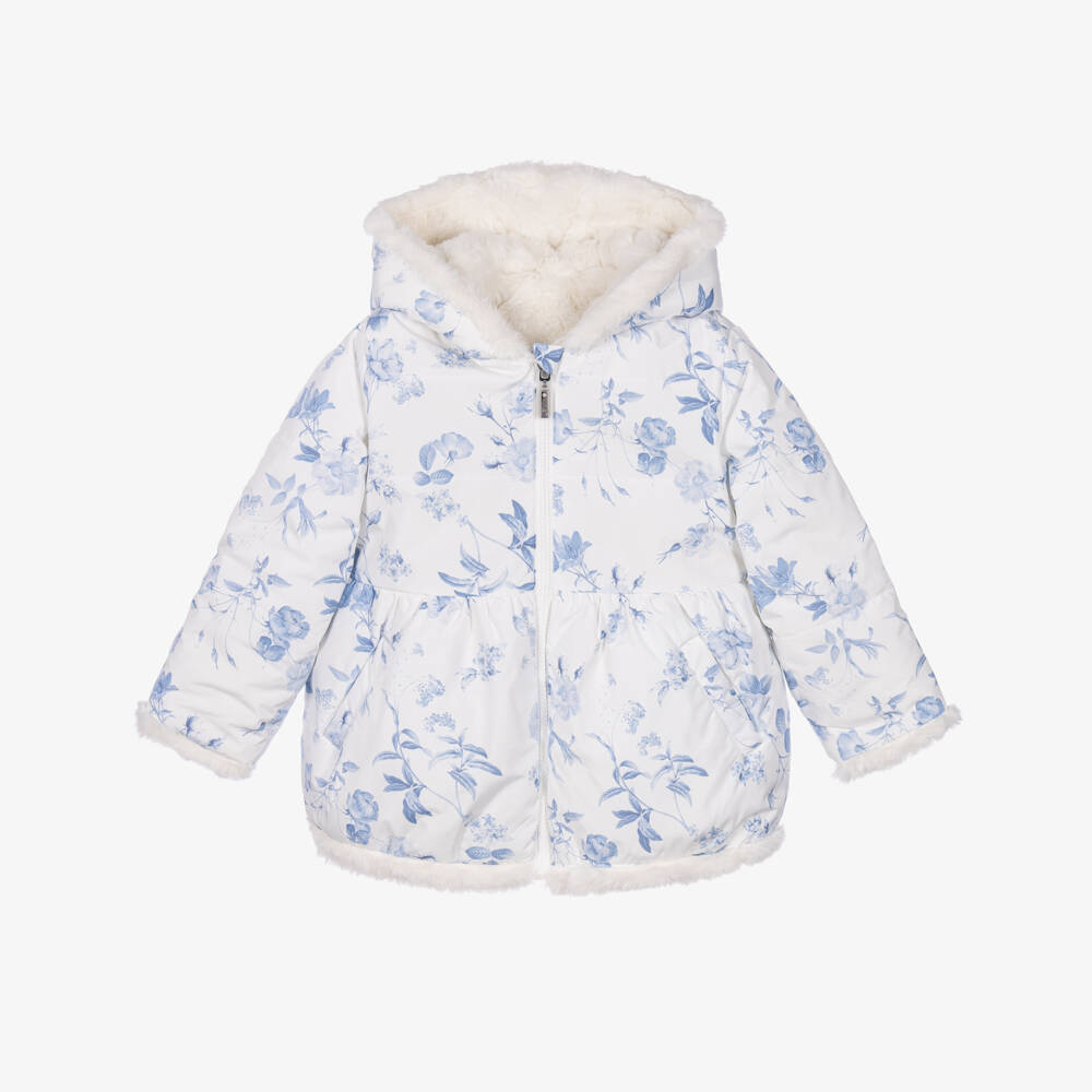 Lapin House-Girls Reversible Blue Floral & Faux Fur Coat | Childrensalon