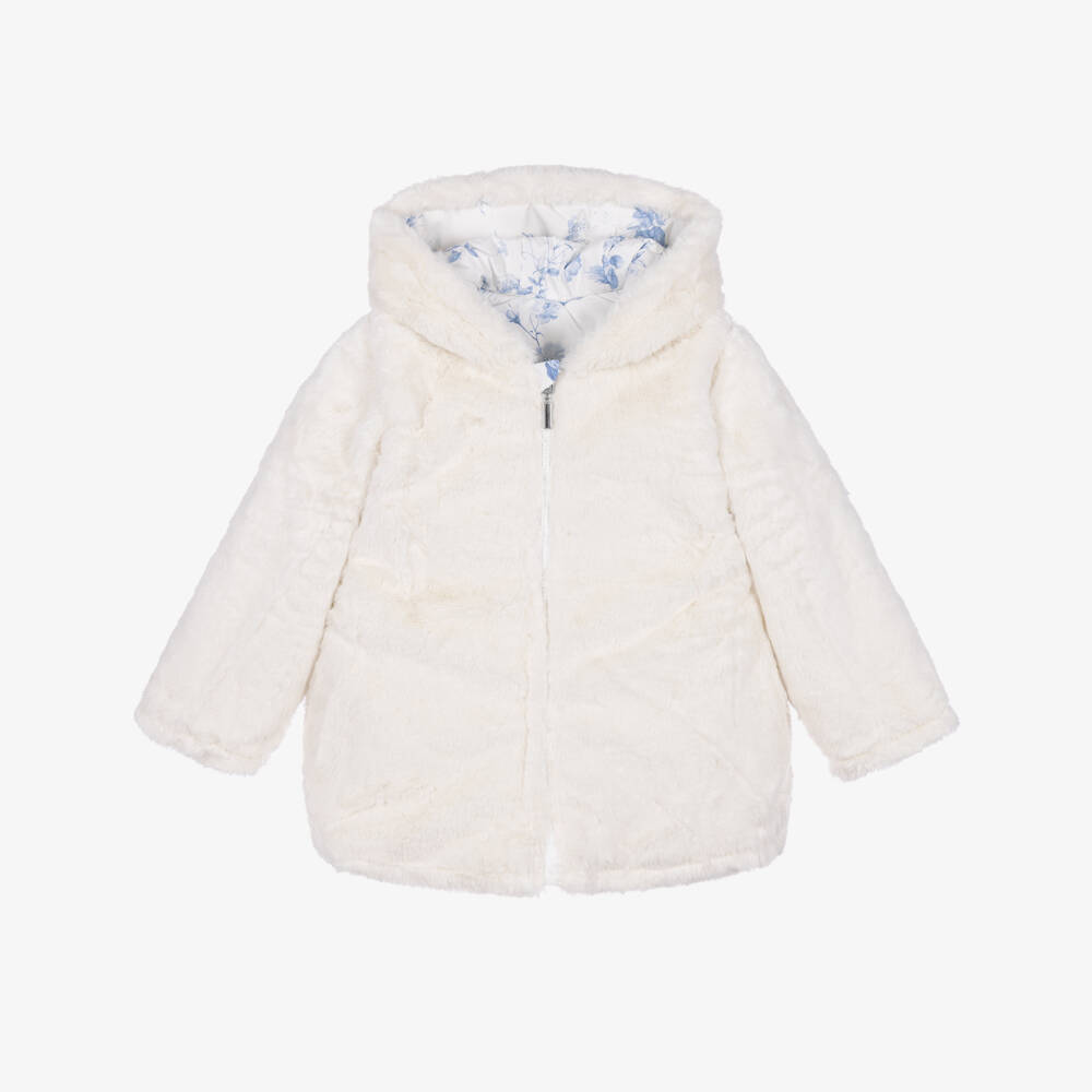 Lapin House-Girls Reversible Blue Floral & Faux Fur Coat | Childrensalon