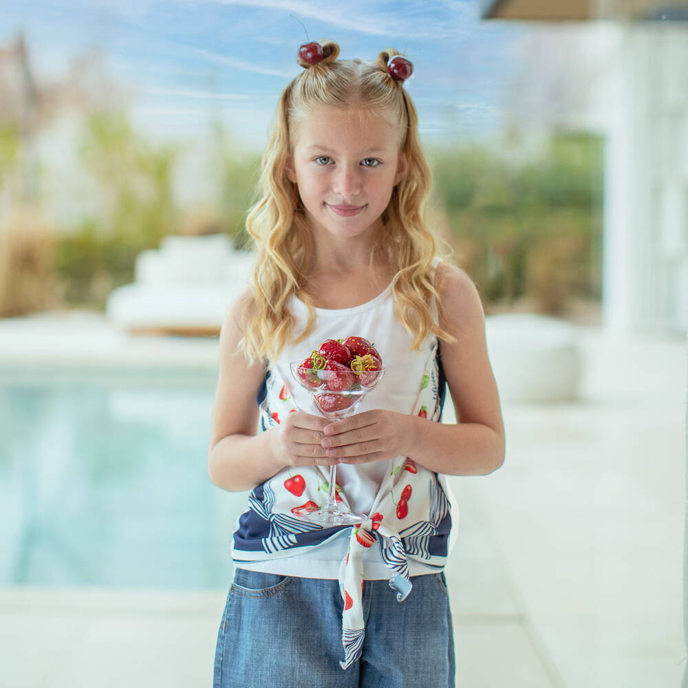 Lapin House-Girls Sleeveless White Jersey Top with Satin Ties | Childrensalon