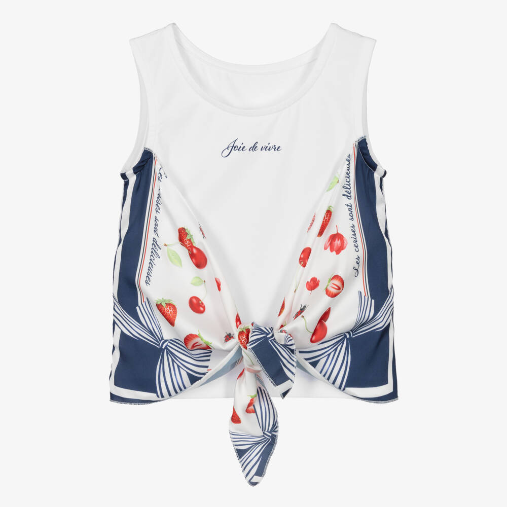 Lapin House-Girls Sleeveless White Jersey Top with Satin Ties  | Childrensalon