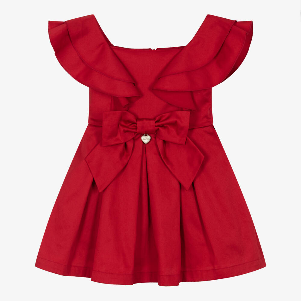 Lapin House-Girls Vibrant Red Cotton Ruffle & Bow Dress | Childrensalon