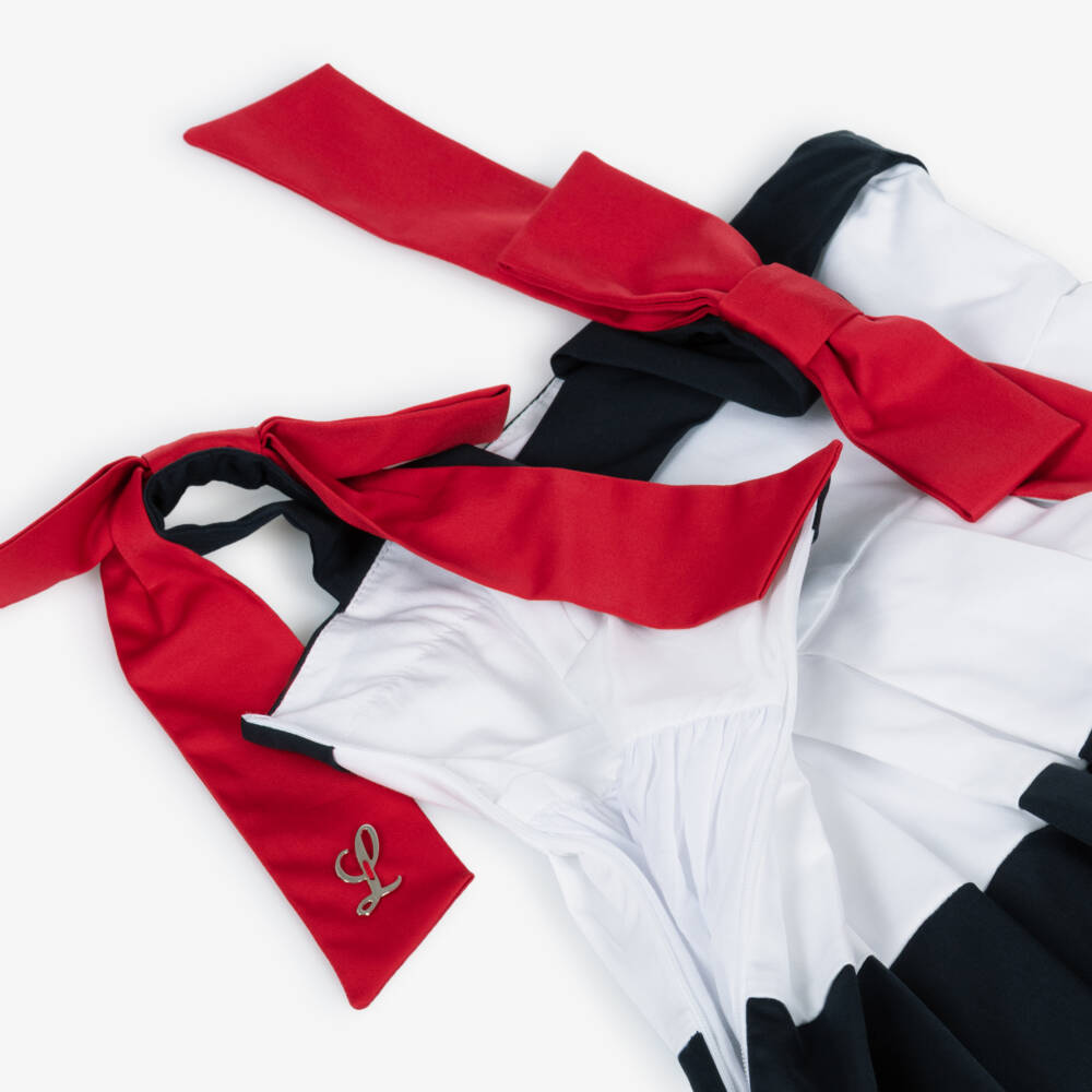 Lapin House-Girls White And Navy Blue Striped Cotton Sleeveless Dress | Childrensalon