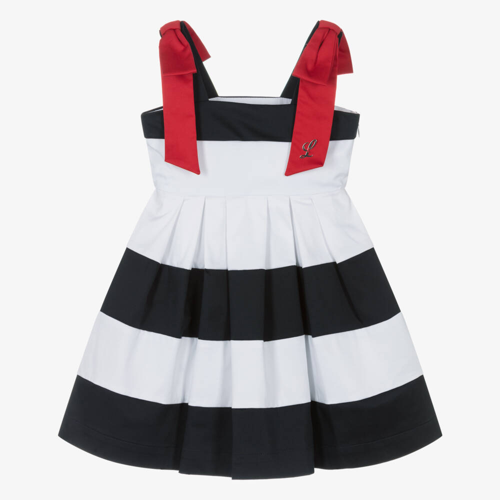 Lapin House-Girls White And Navy Blue Striped Cotton Sleeveless Dress | Childrensalon