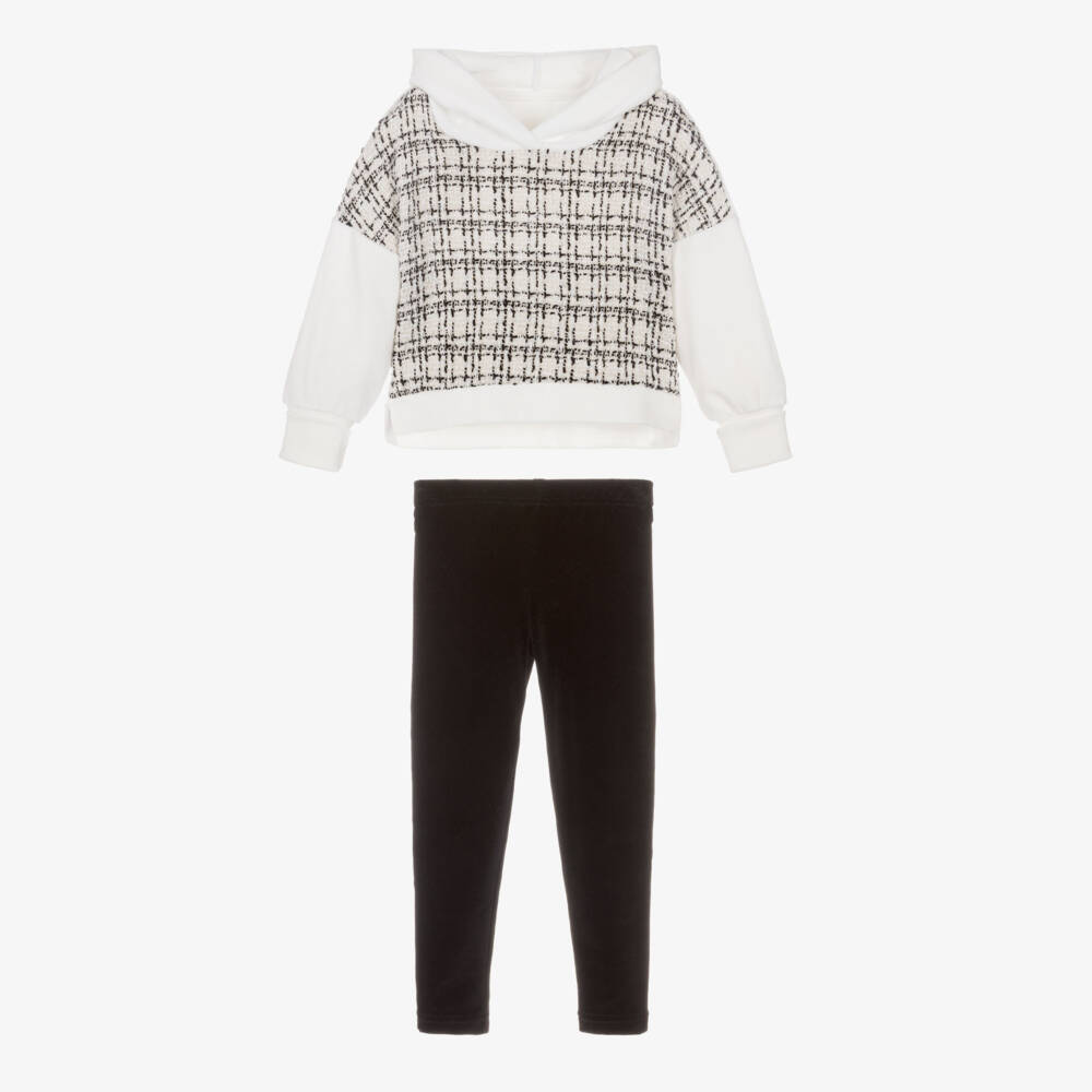 Lapin House-Girls White & Black Velour Leggings Set with Tweed Panel | Childrensalon