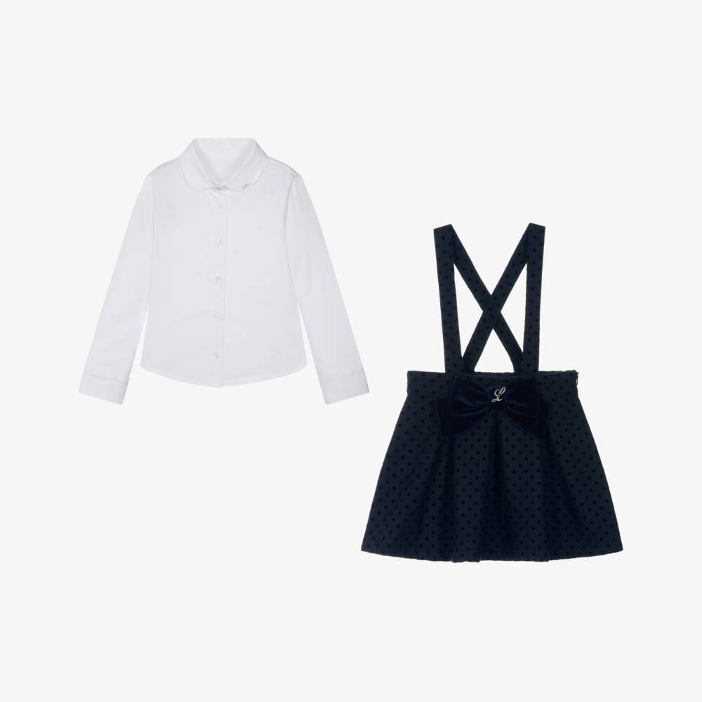 Lapin House-Girls White Blouse & Navy Blue Wool Skirt Set with Polka Dots | Childrensalon