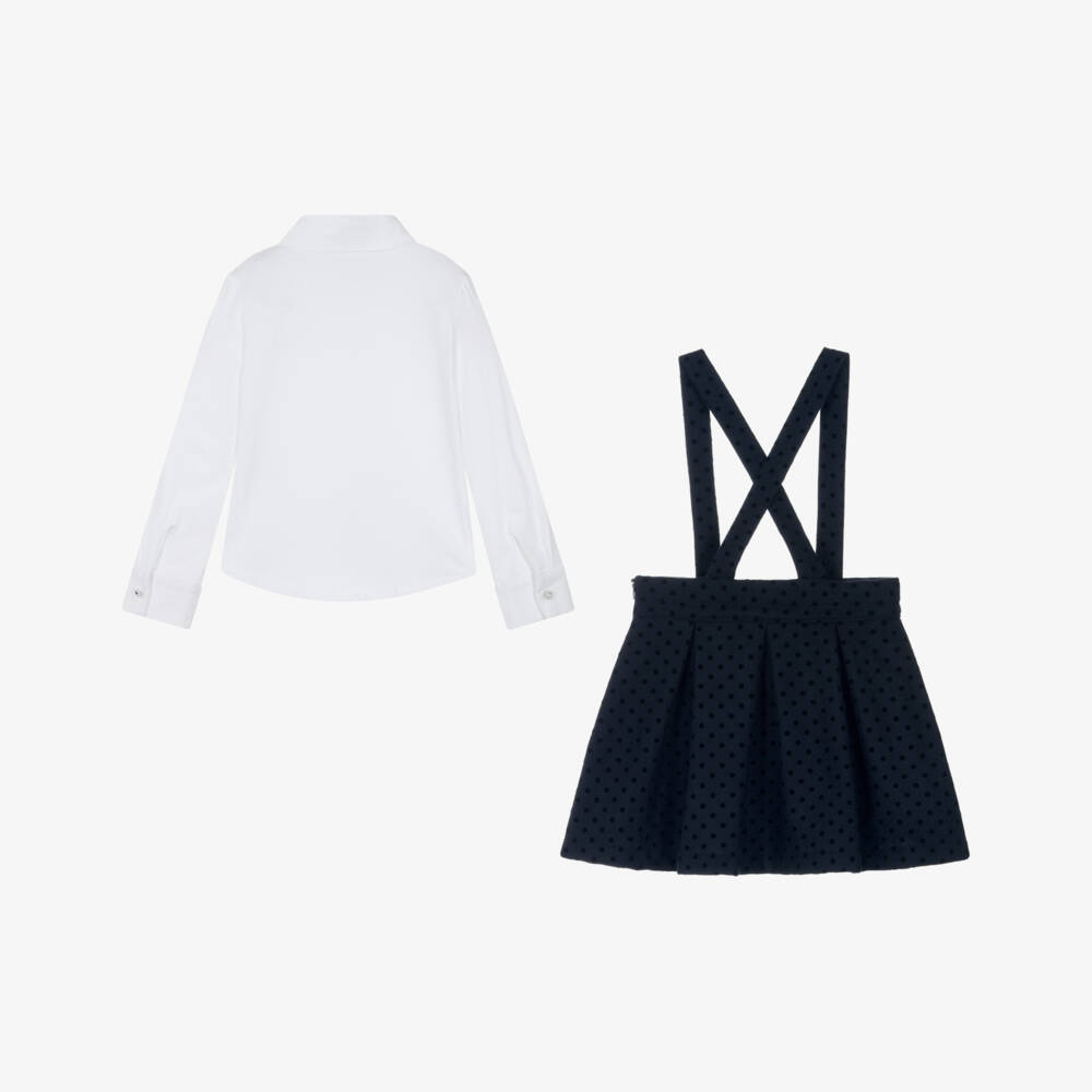 Lapin House-Girls White Blouse & Navy Blue Wool Skirt Set with Polka Dots | Childrensalon