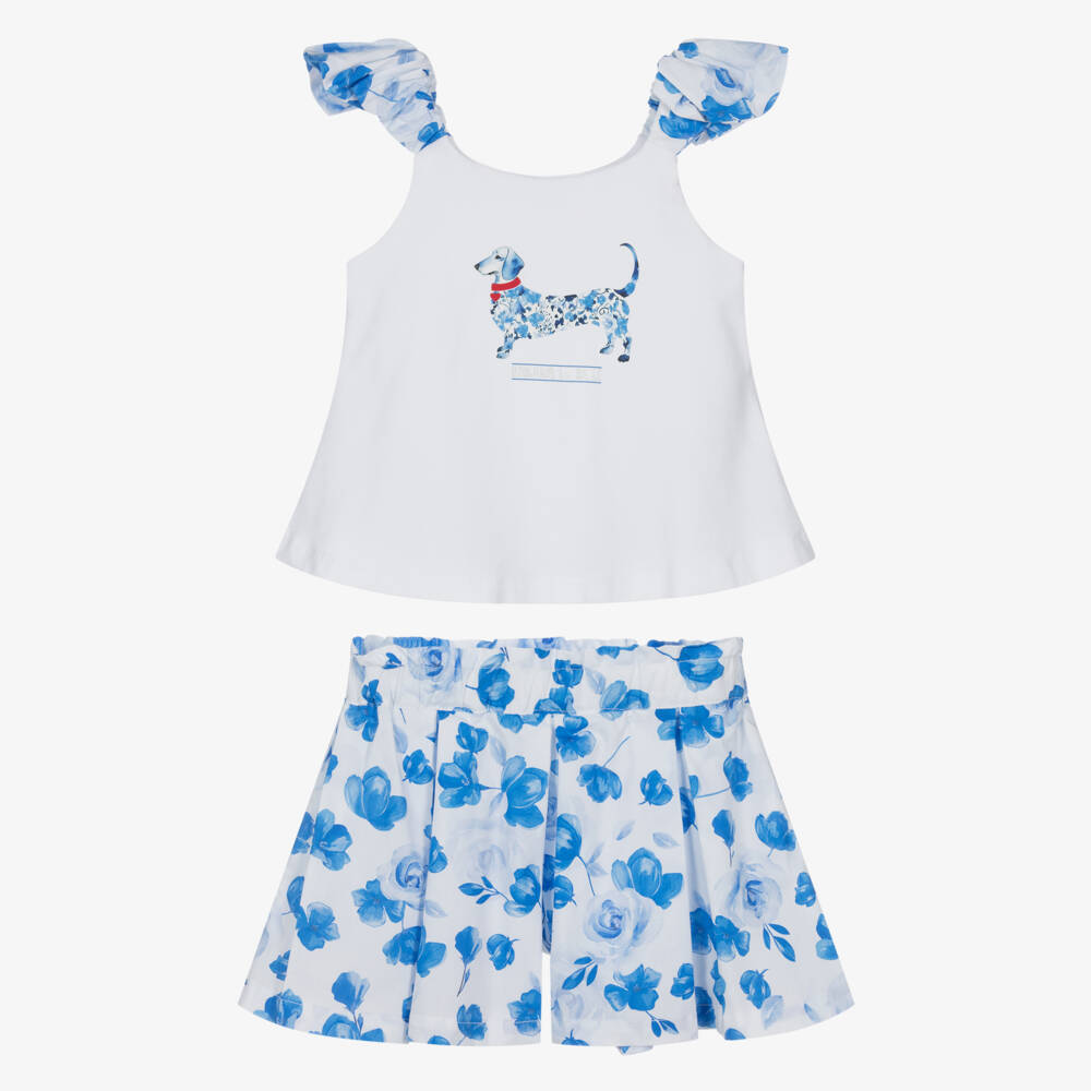 Lapin House-Белый и синий цветочный хлопковый комплект с шортами и принтом собаки длядевочек | Childrensalon