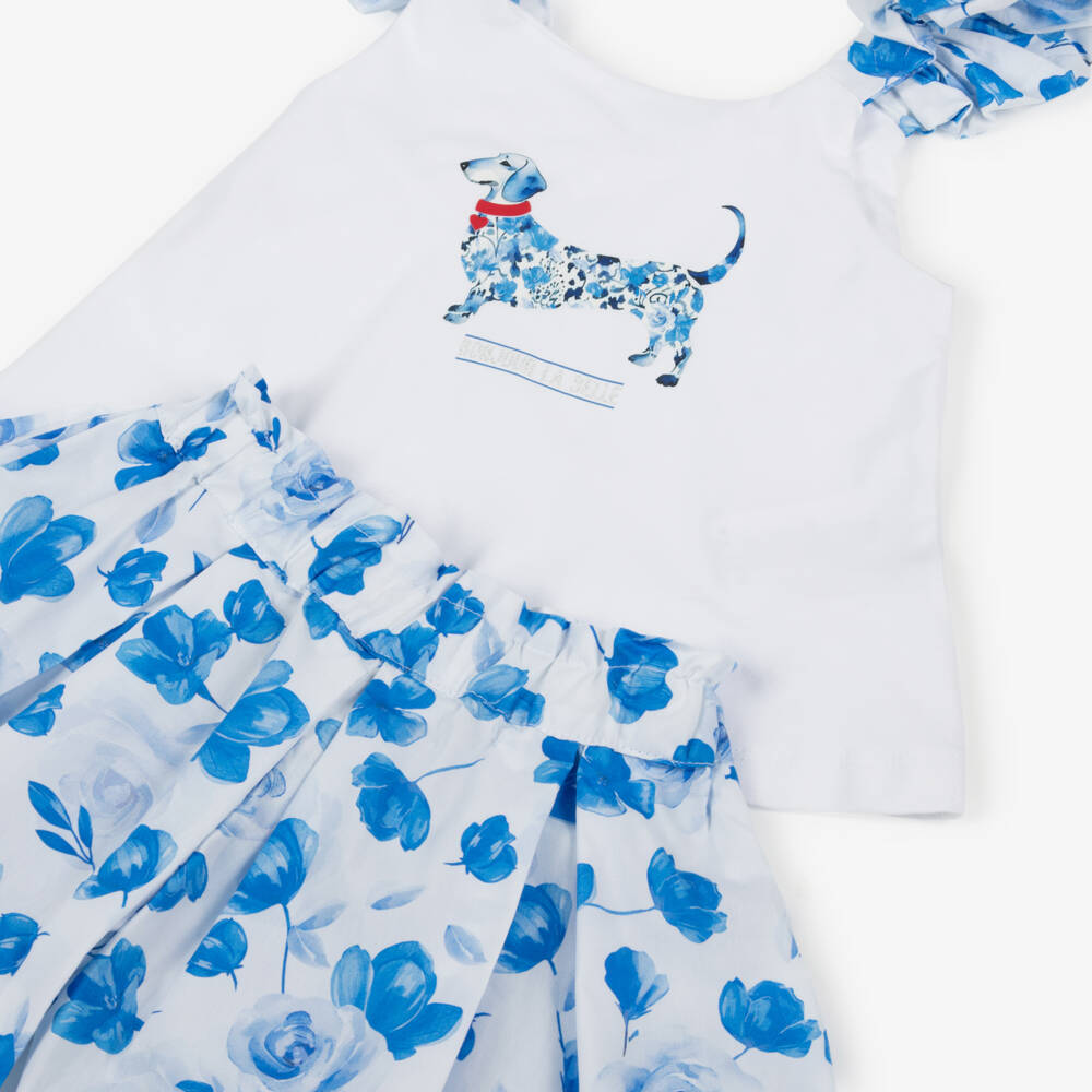 Lapin House-Белый и синий цветочный хлопковый комплект с шортами и принтом собаки длядевочек | Childrensalon