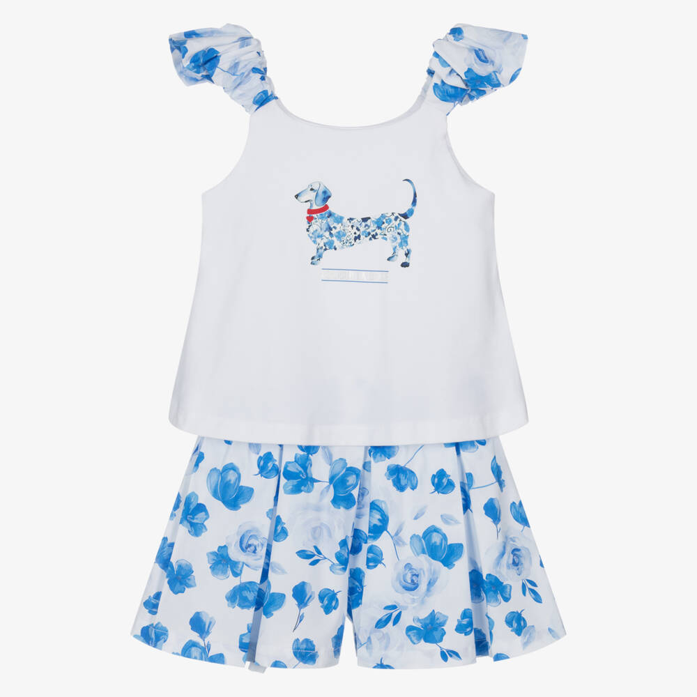 Lapin House-Girls White & Blue Floral Cotton Shorts Set with Dog Print  | Childrensalon
