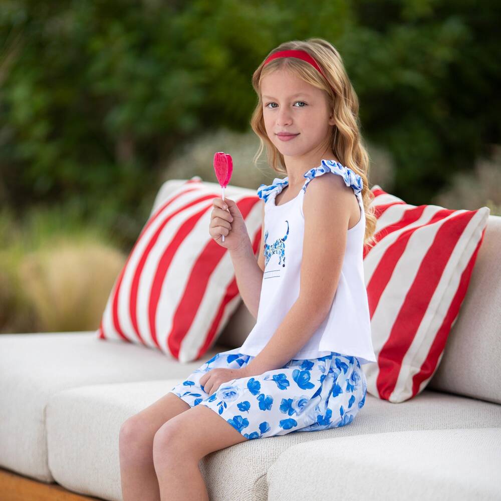 Lapin House-Girls White & Blue Floral Cotton Shorts Set with Dog Print | Childrensalon