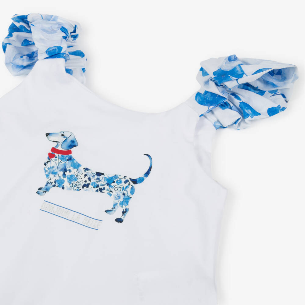 Lapin House-Белый и синий цветочный хлопковый комплект с шортами и принтом собаки длядевочек | Childrensalon