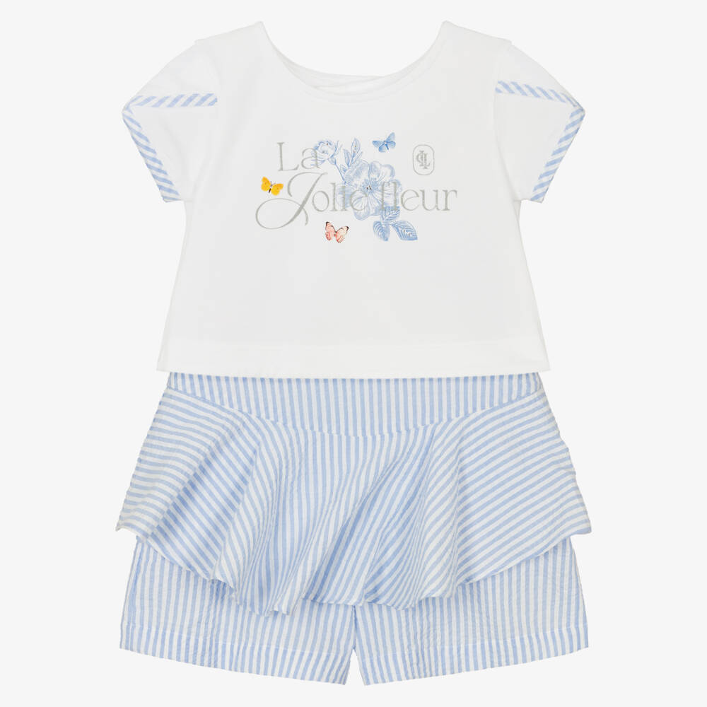 Lapin House-Girls White & Blue Striped Cotton Shorts Set | Childrensalon
