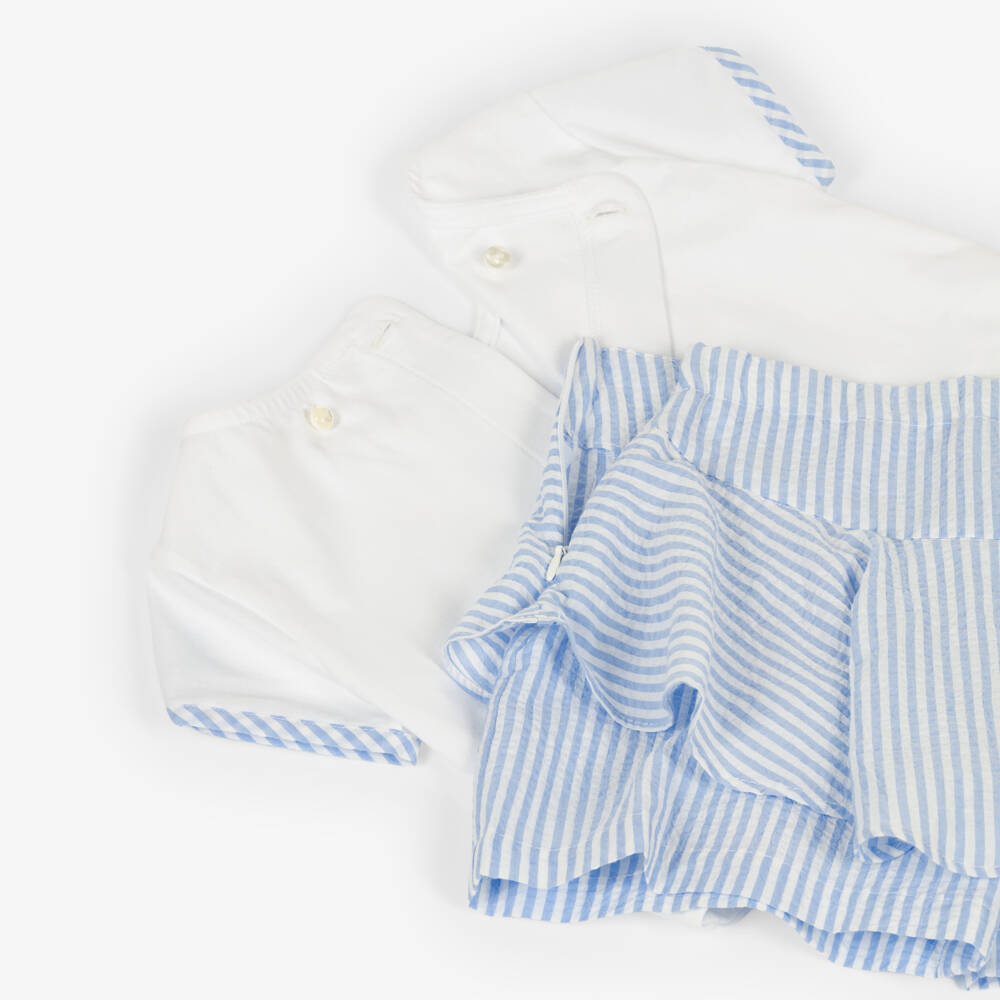 Lapin House-Girls White & Blue Striped Cotton Shorts Set | Childrensalon