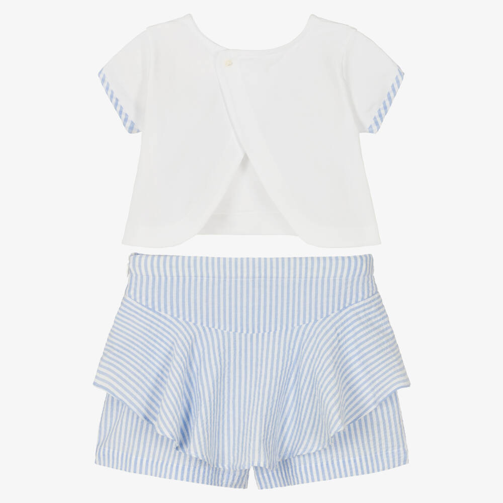 Lapin House-Girls White & Blue Striped Cotton Shorts Set | Childrensalon