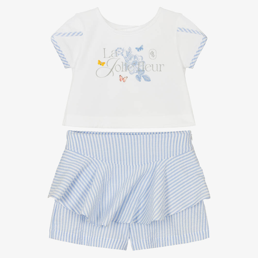 Lapin House-Girls White & Blue Striped Cotton Shorts Set | Childrensalon