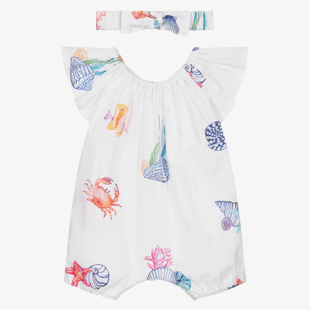 Lapin House-Girls White Cotton Babysuit Set with Sea Creature Print | Childrensalon