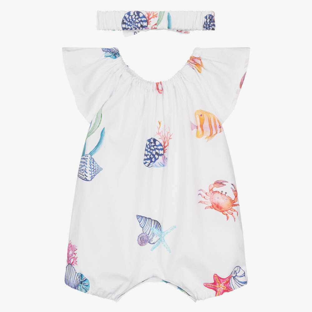 Lapin House-Girls White Cotton Babysuit Set with Sea Creature Print | Childrensalon