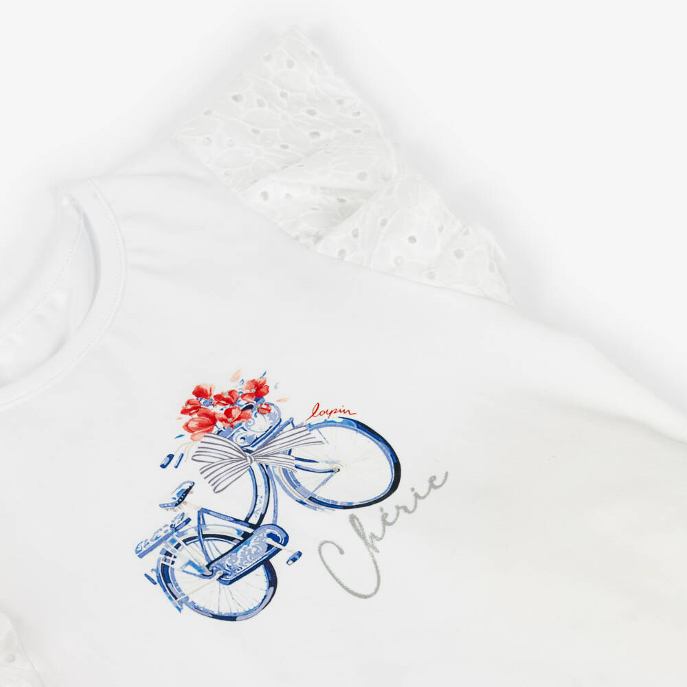 Lapin House-Girls White Cotton Bicycle Print T-Shirt with Broderie Ruffles | Childrensalon