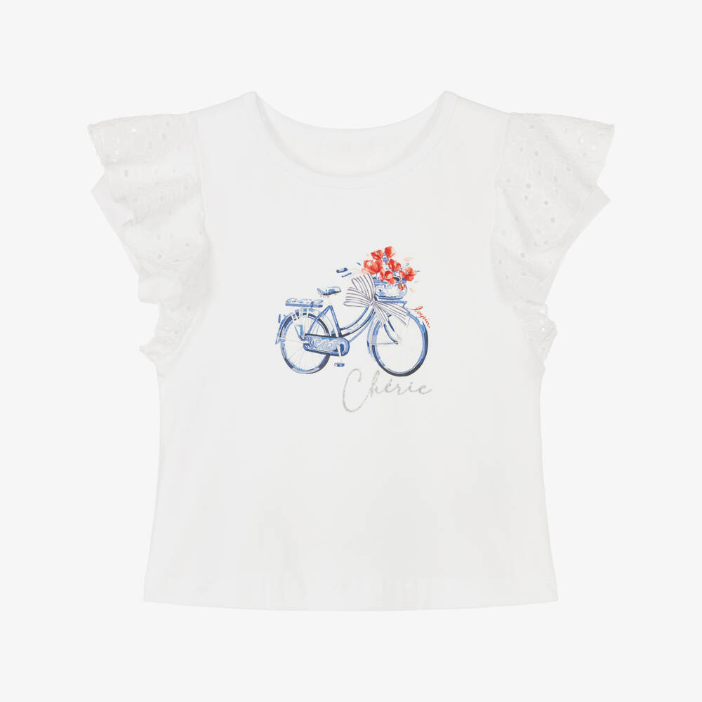 Lapin House-Girls White Cotton Bicycle Print T-Shirt with Broderie Ruffles | Childrensalon
