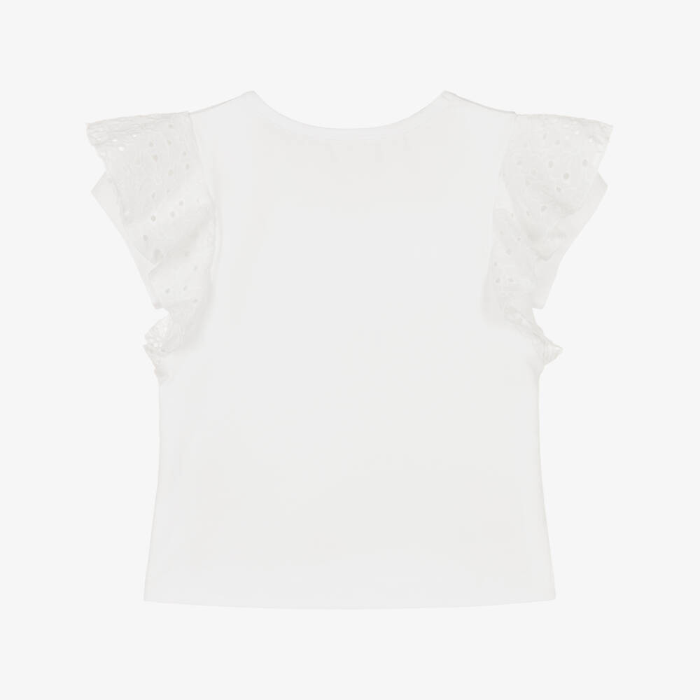 Lapin House-Girls White Cotton Bicycle Print T-Shirt with Broderie Ruffles | Childrensalon