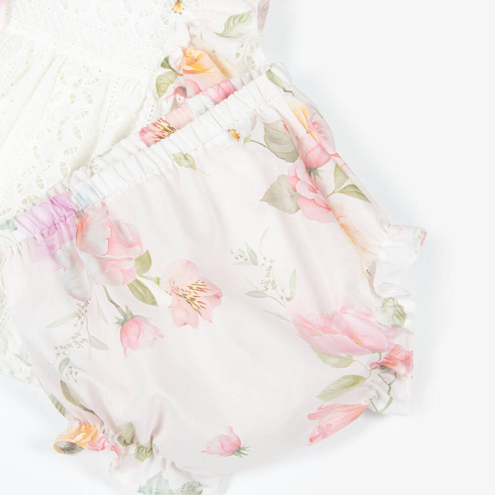 Lapin House-Girls White Cotton Dress with Pink Floral Ruffle Trims | Childrensalon