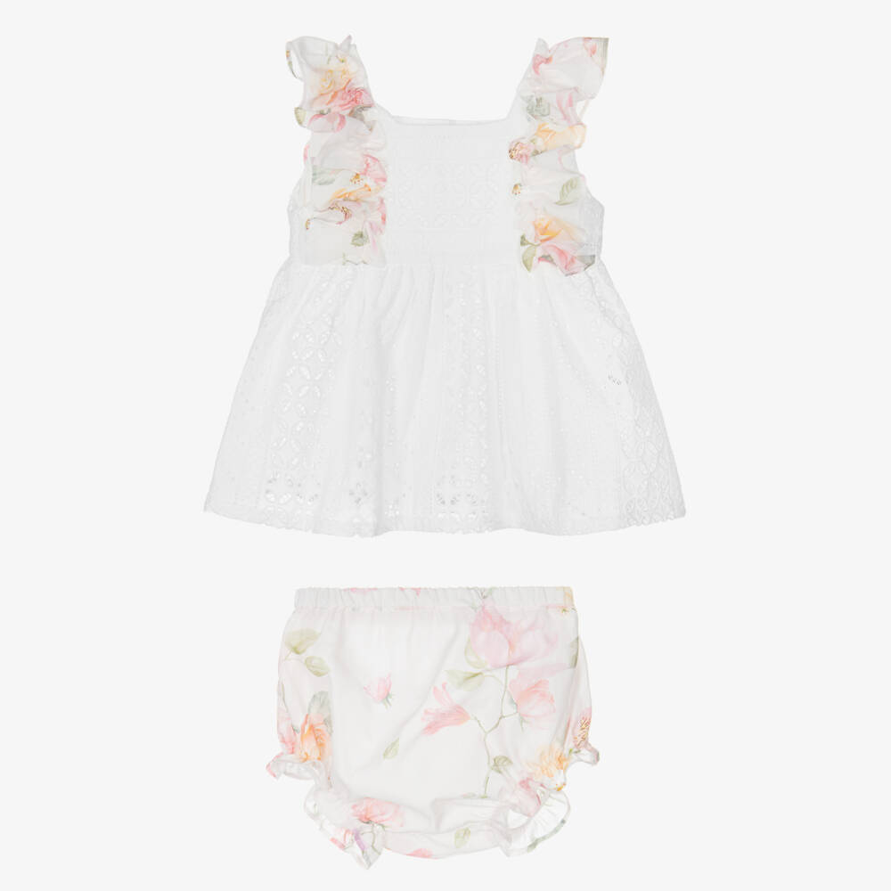 Lapin House-Girls White Cotton Dress with Pink Floral Ruffle Trims | Childrensalon