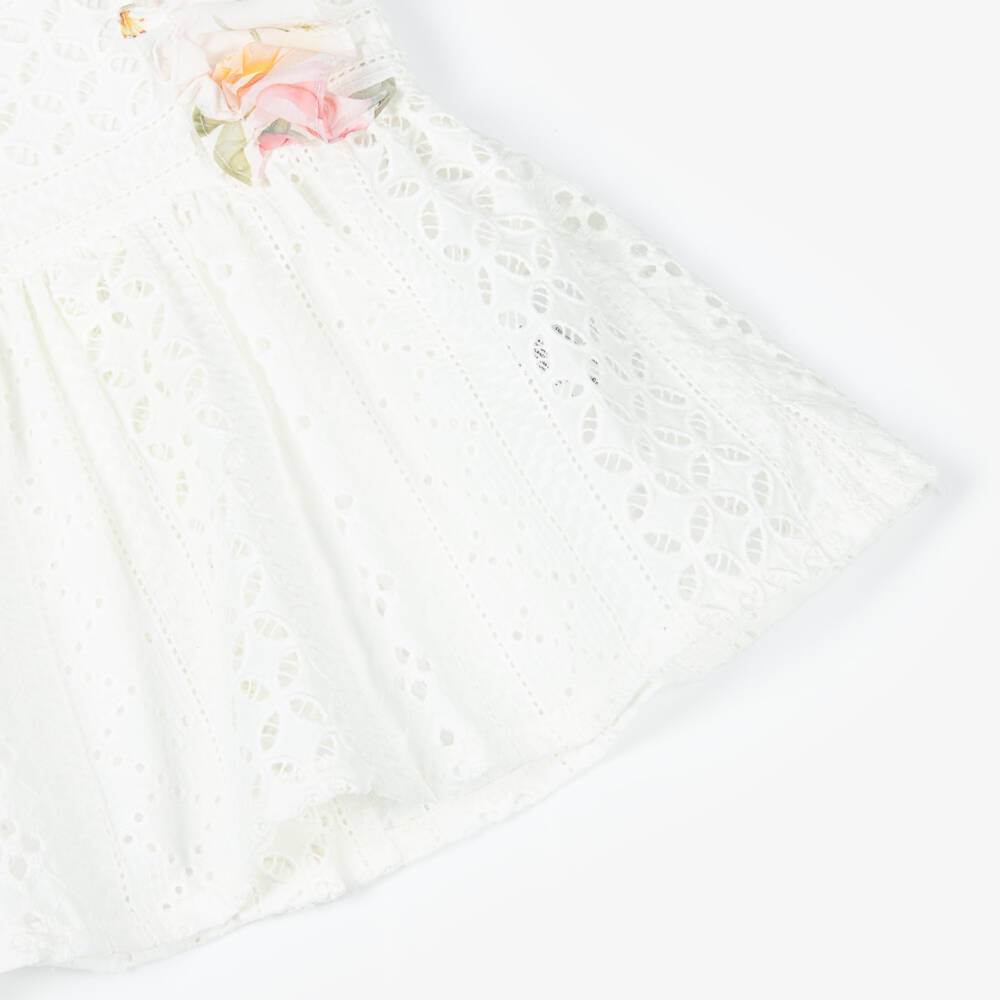 Lapin House-Girls White Cotton Dress with Pink Floral Ruffle Trims | Childrensalon
