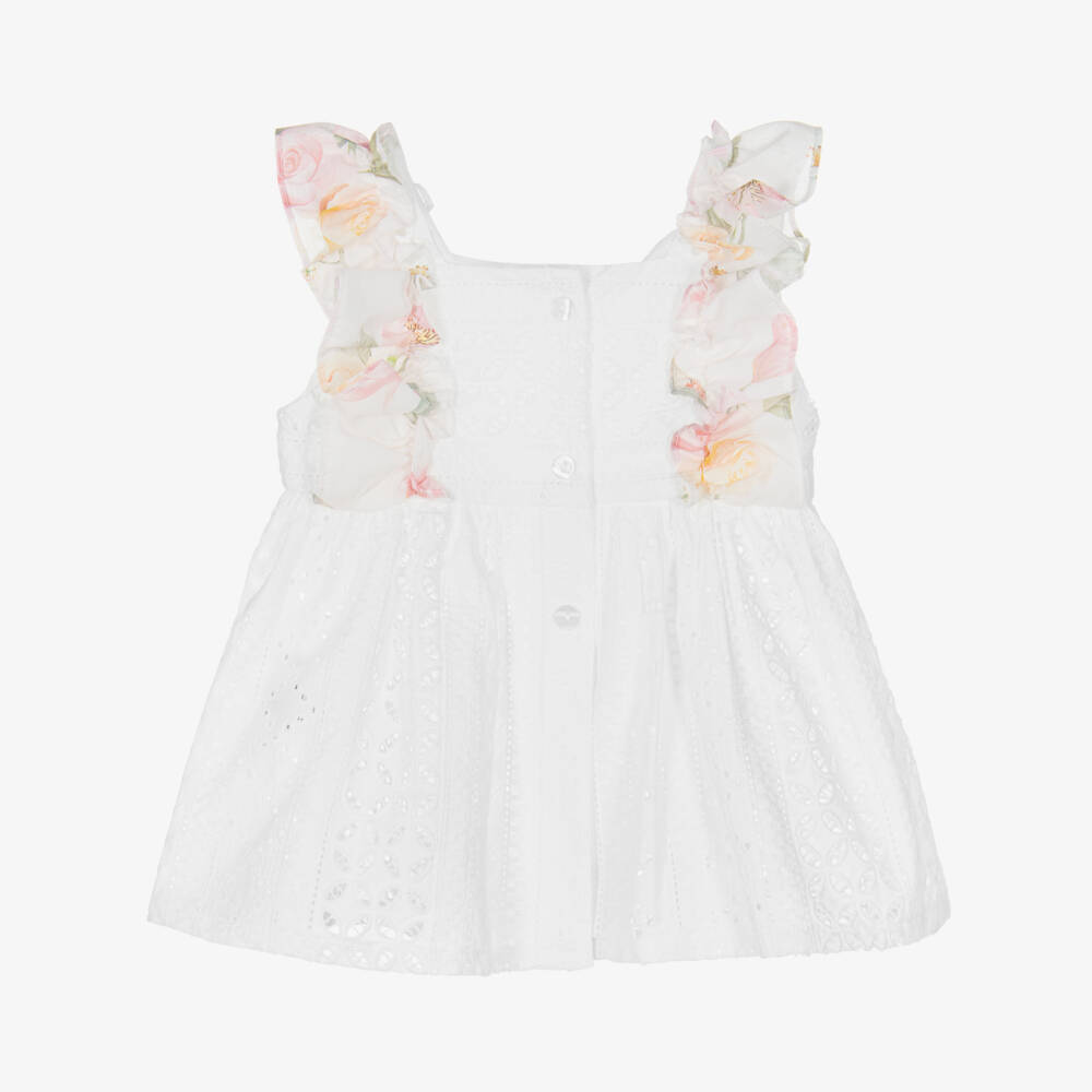 Lapin House-Girls White Cotton Dress with Pink Floral Ruffle Trims | Childrensalon