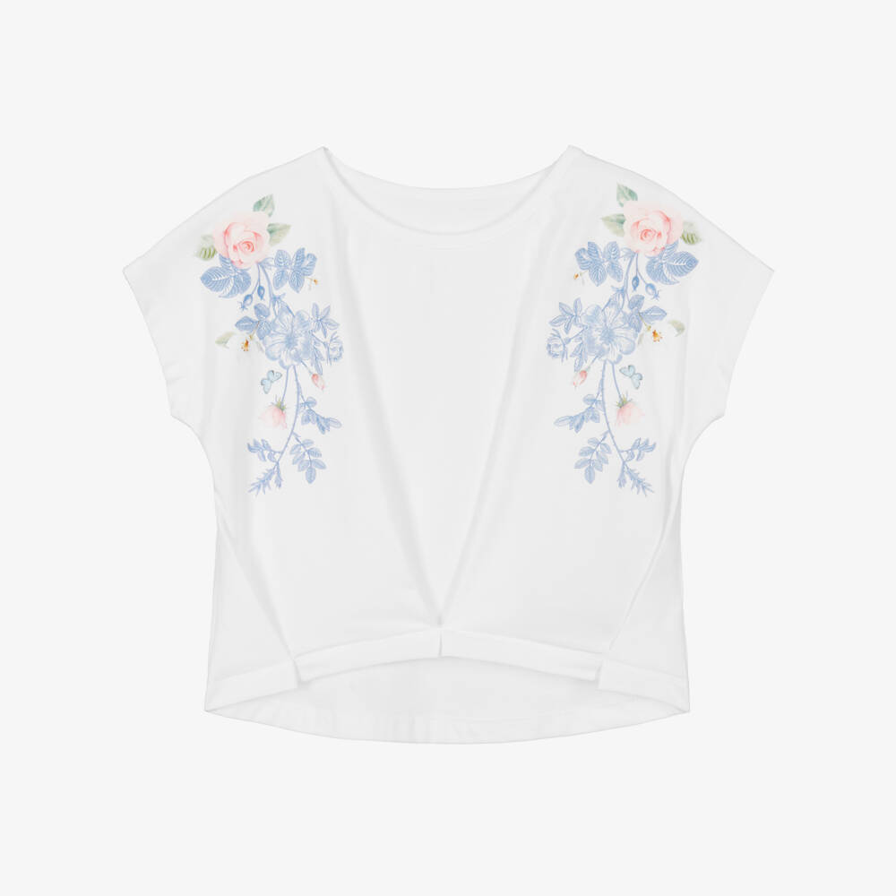 Lapin House-Girls White Cotton Floral T-Shirt  | Childrensalon