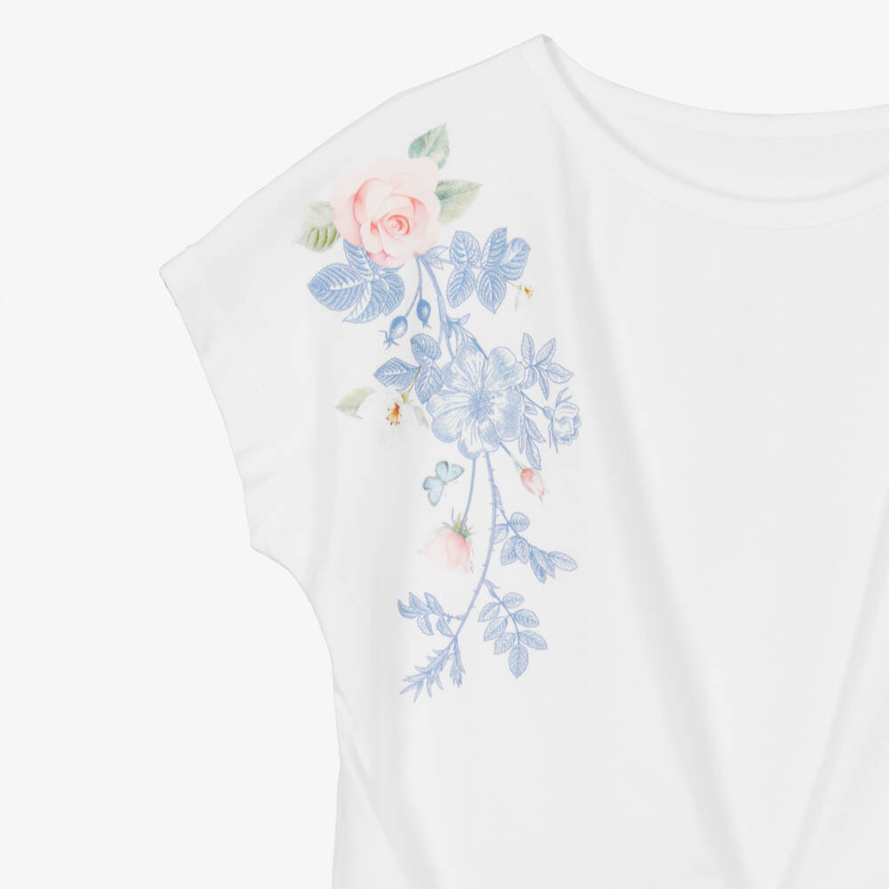Lapin House-Girls White Cotton Floral T-Shirt | Childrensalon