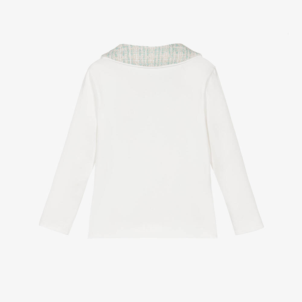 Lapin House-Girls White Cotton Long-Sleeved Top with Green Tweed Collar | Childrensalon