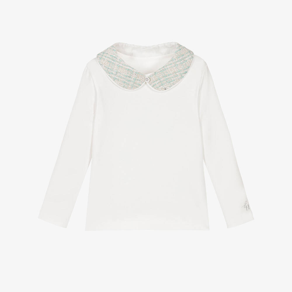 Lapin House-Girls White Cotton Long-Sleeved Top with Green Tweed Collar | Childrensalon