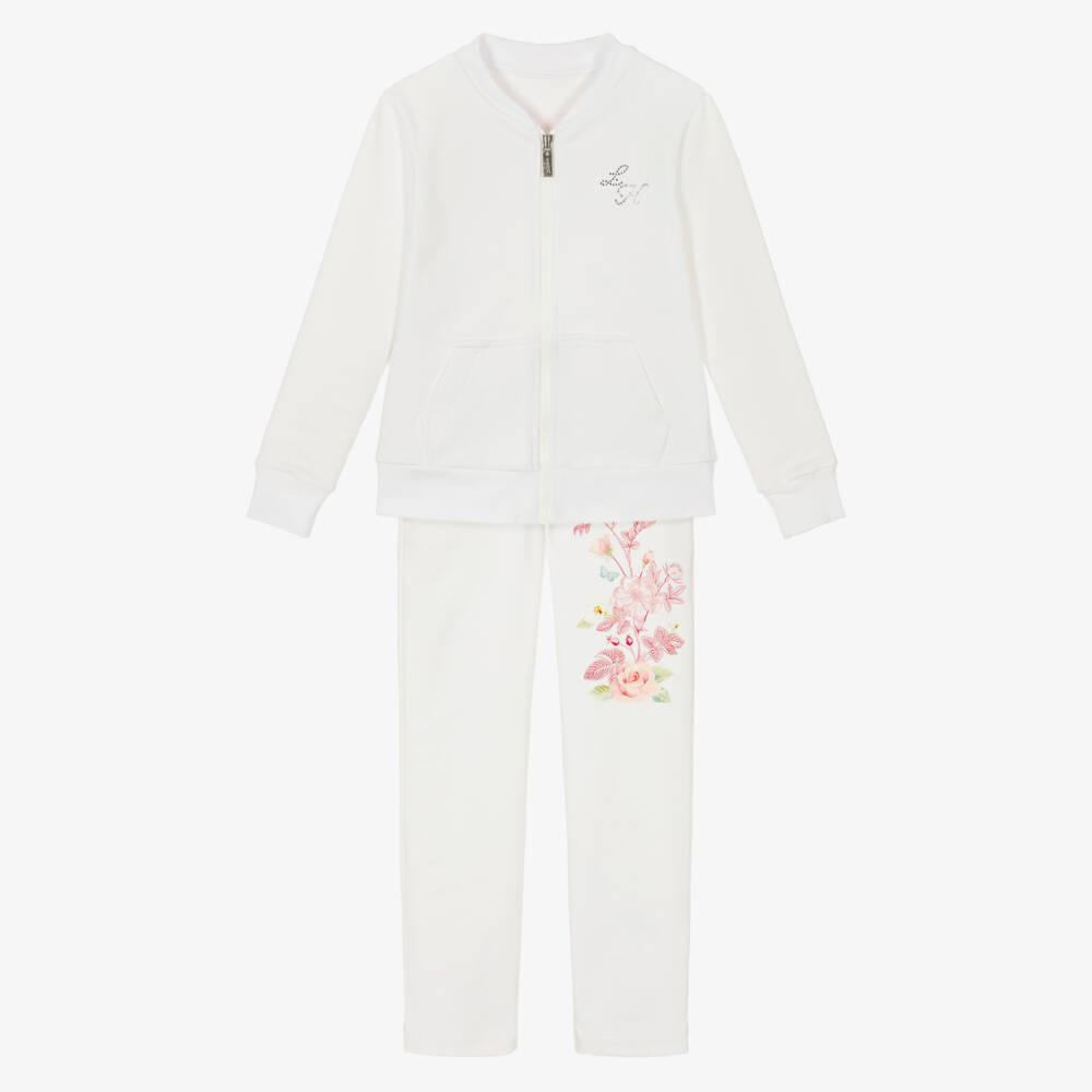 Lapin House-Girls White Cotton Tracksuit with Rose Bouquet Print | Childrensalon