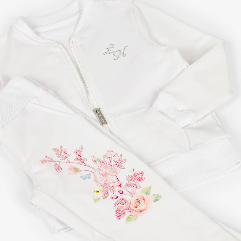Lapin House-Girls White Cotton Tracksuit with Rose Bouquet Print | Childrensalon