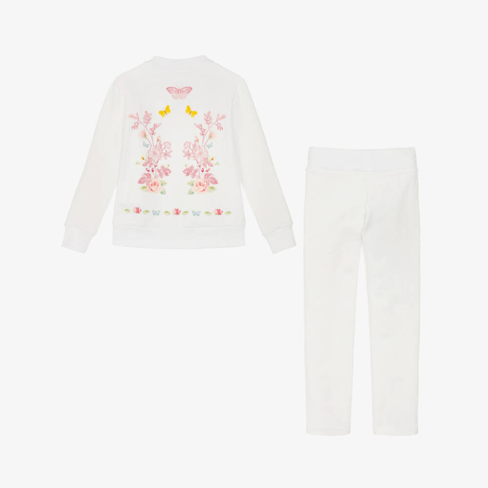 Lapin House-Girls White Cotton Tracksuit with Rose Bouquet Print | Childrensalon