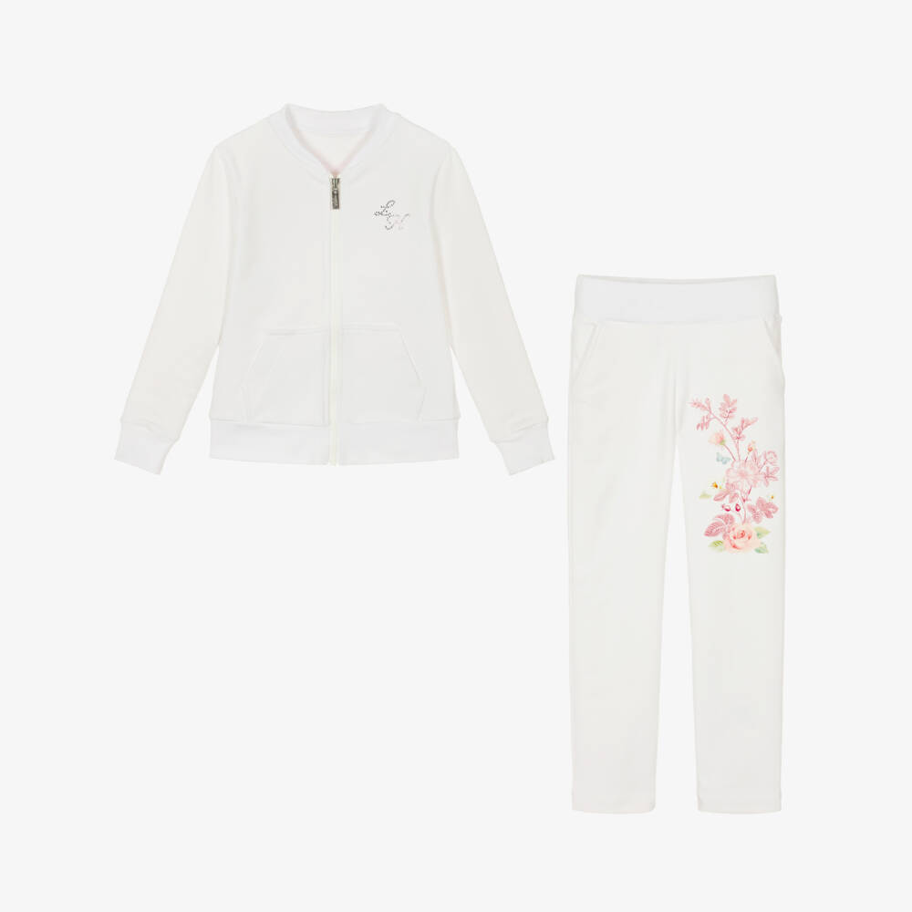 Lapin House-Girls White Cotton Tracksuit with Rose Bouquet Print | Childrensalon