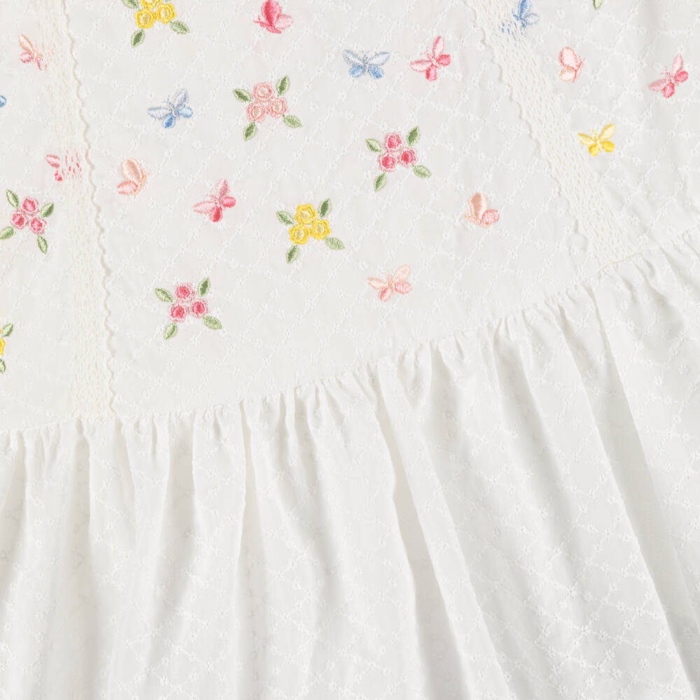 Lapin House-Платье белое с вышитыми цветами и бабочками для девочек | Childrensalon