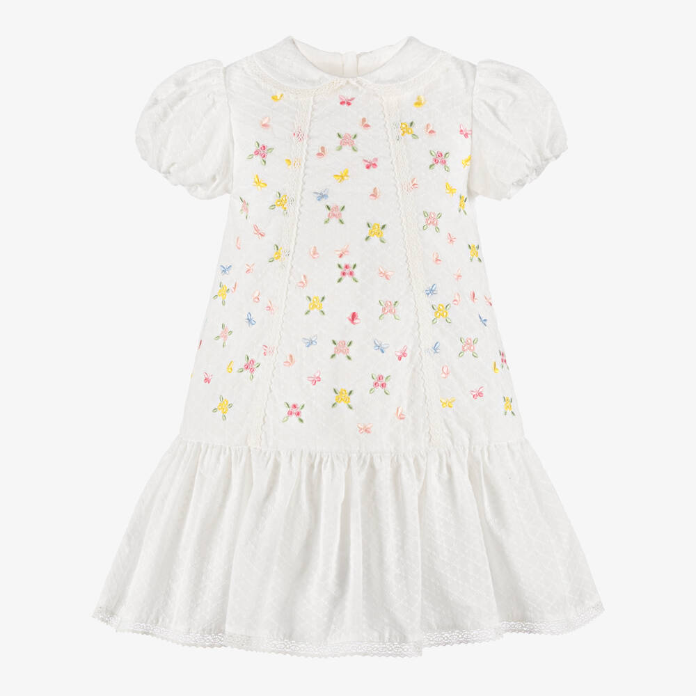 Lapin House-Платье белое с вышитыми цветами и бабочками для девочек  | Childrensalon
