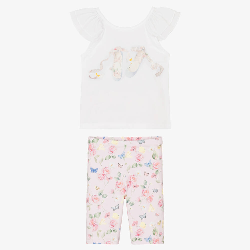 Lapin House-Girls White & Pink Cotton Floral Shorts Set | Childrensalon
