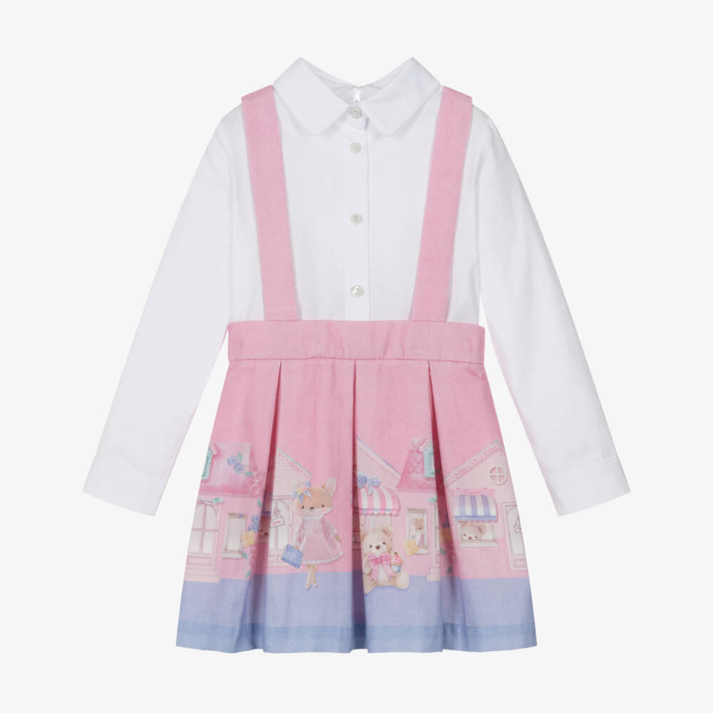 Lapin House-Girls White & Pink Cotton Layered Look Dress with Street Scene | Childrensalon