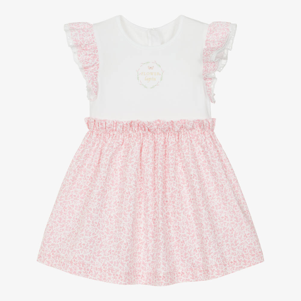 Lapin House-فستان قطن بطبعة زهور لون أبيض وزهري للبنات | Childrensalon