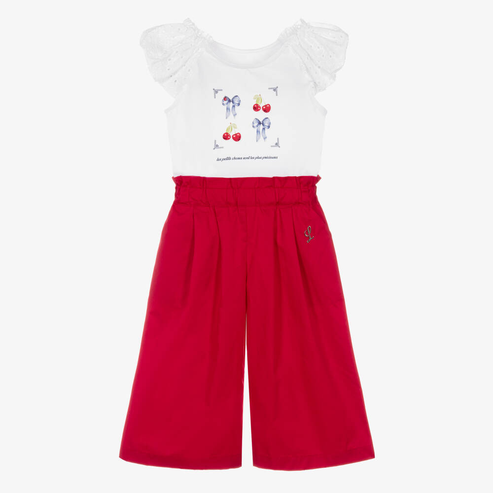 Lapin House-Girls White & Red Cotton Trouser Set | Childrensalon