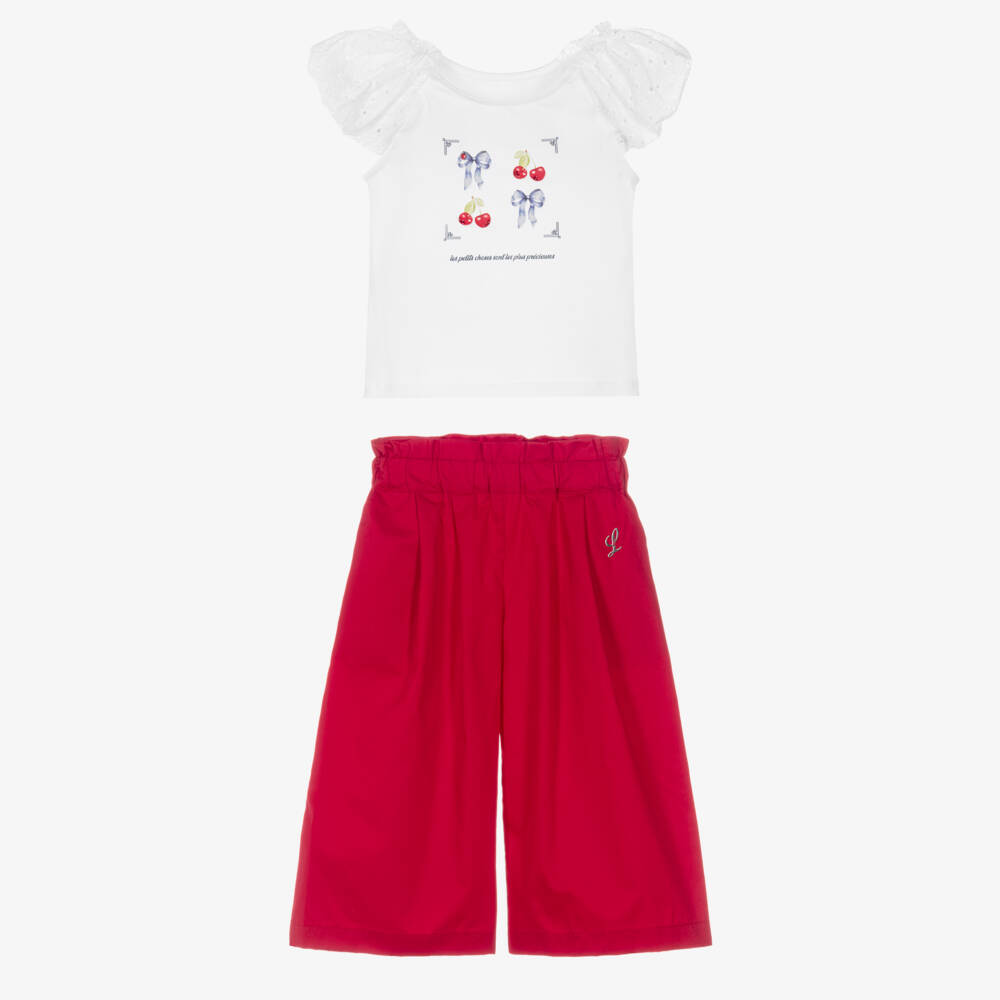 Lapin House-Girls White & Red Cotton Trouser Set | Childrensalon