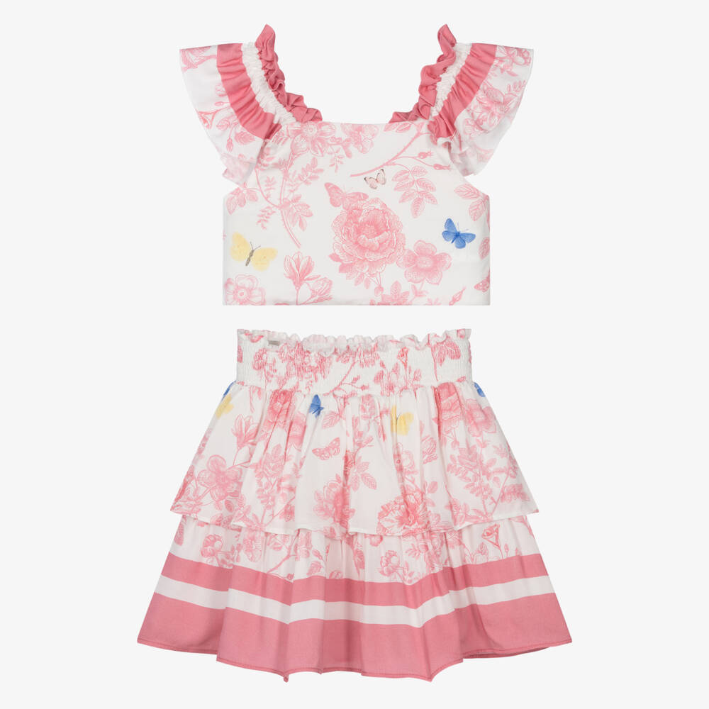Lapin House-Girls White Skirt Set with Pink Floral Pattern | Childrensalon