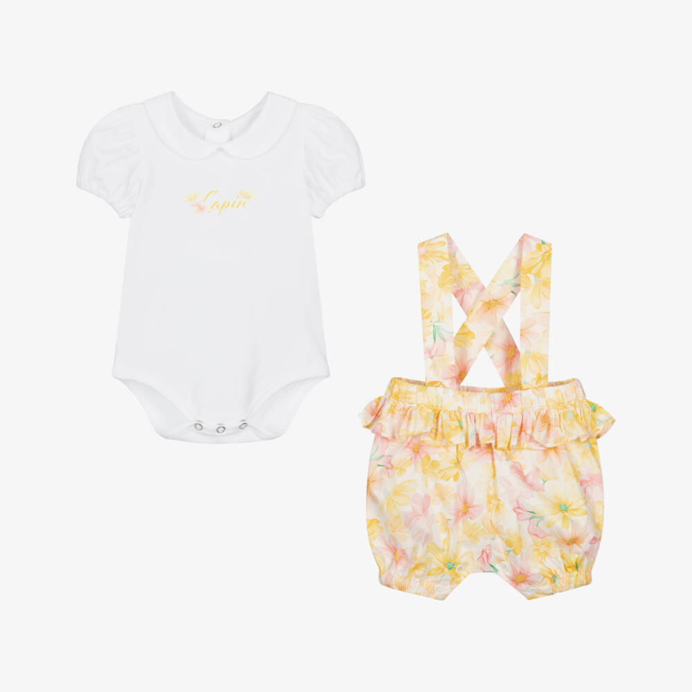 Lapin House-Girls Yellow Cotton Floral Shorts Set | Childrensalon