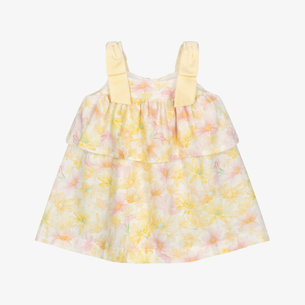 Lapin House-Girls Yellow & Pink Floral Linen Dress | Childrensalon