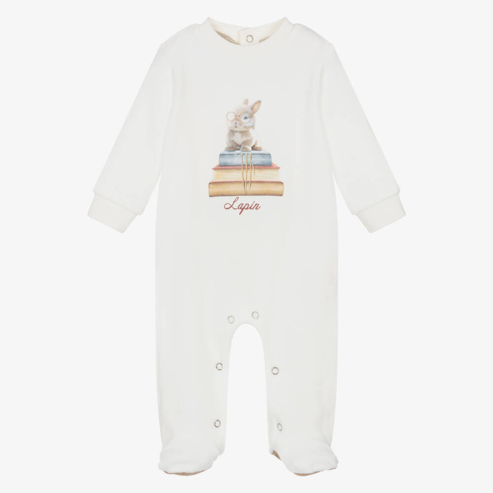 Lapin House-Ivory Velour Bunny & Books Babysuit with Corduroy Trims | Childrensalon
