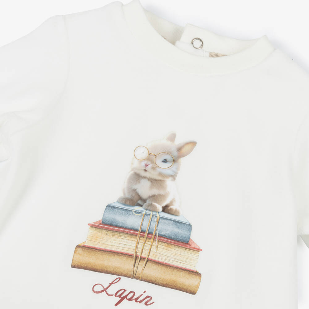 Lapin House-Ivory Velour Bunny & Books Babysuit with Corduroy Trims | Childrensalon
